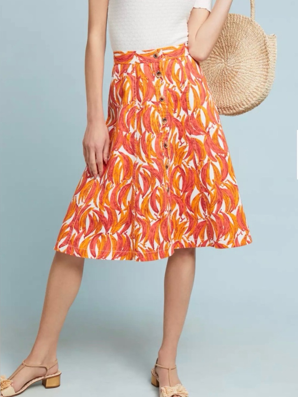 Anthropologie Button-Front Midi Skirt in Orange, Red and White